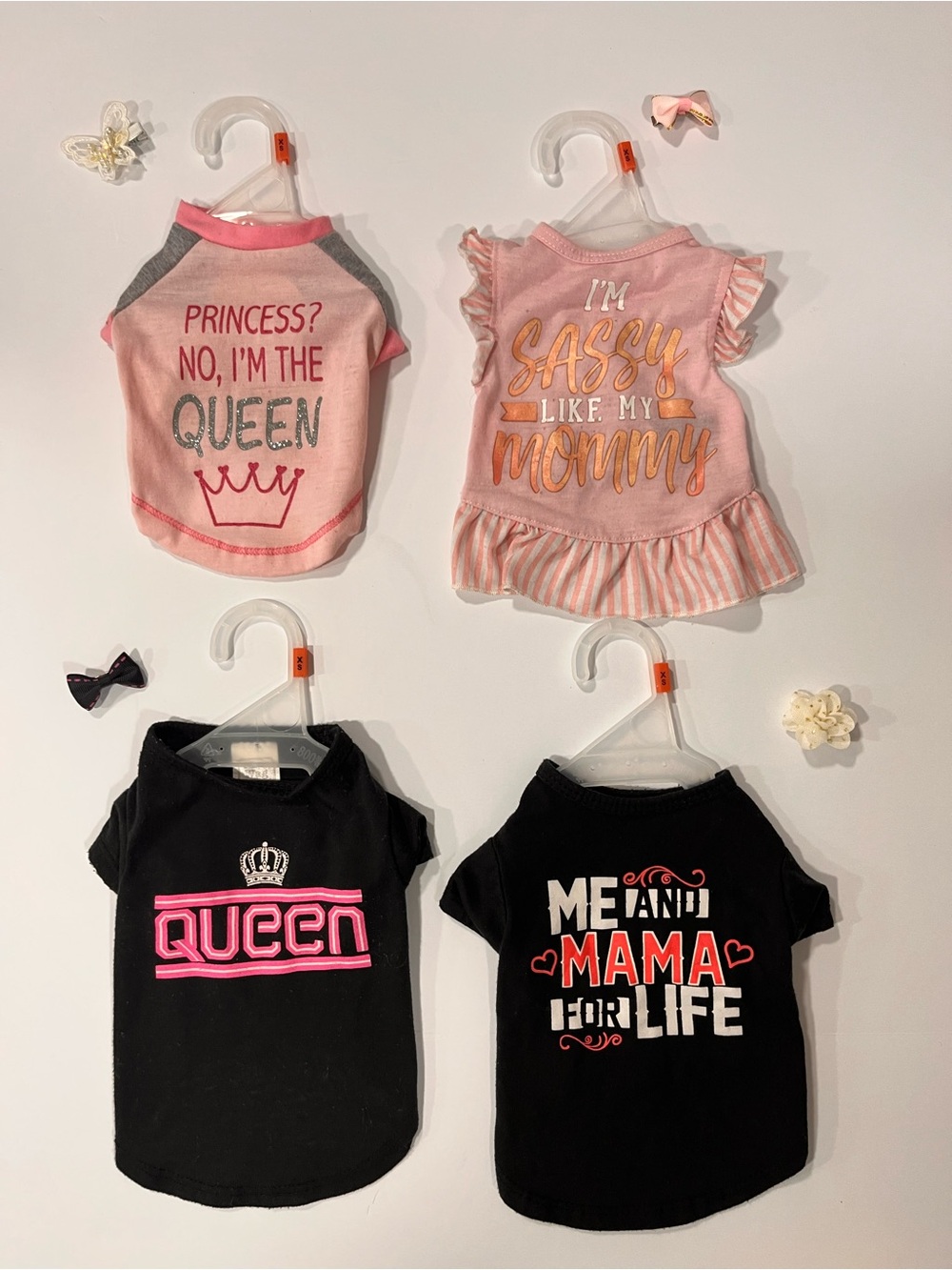 XS Dog Shirt Bundle - with bows & hangers: Queen, Sassy, Mama